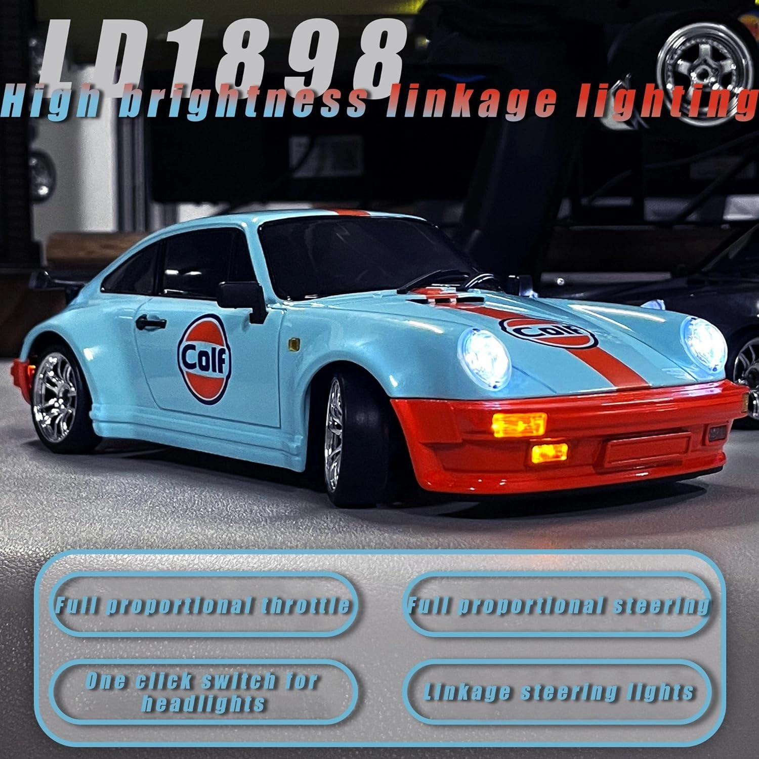 LD1898 1/18 RC Drift Car GTR R34 2.4GHz RWD with Gyroscope on-Road Alloy Body Shell Racing Cars Radio Control (Blue-Orange)