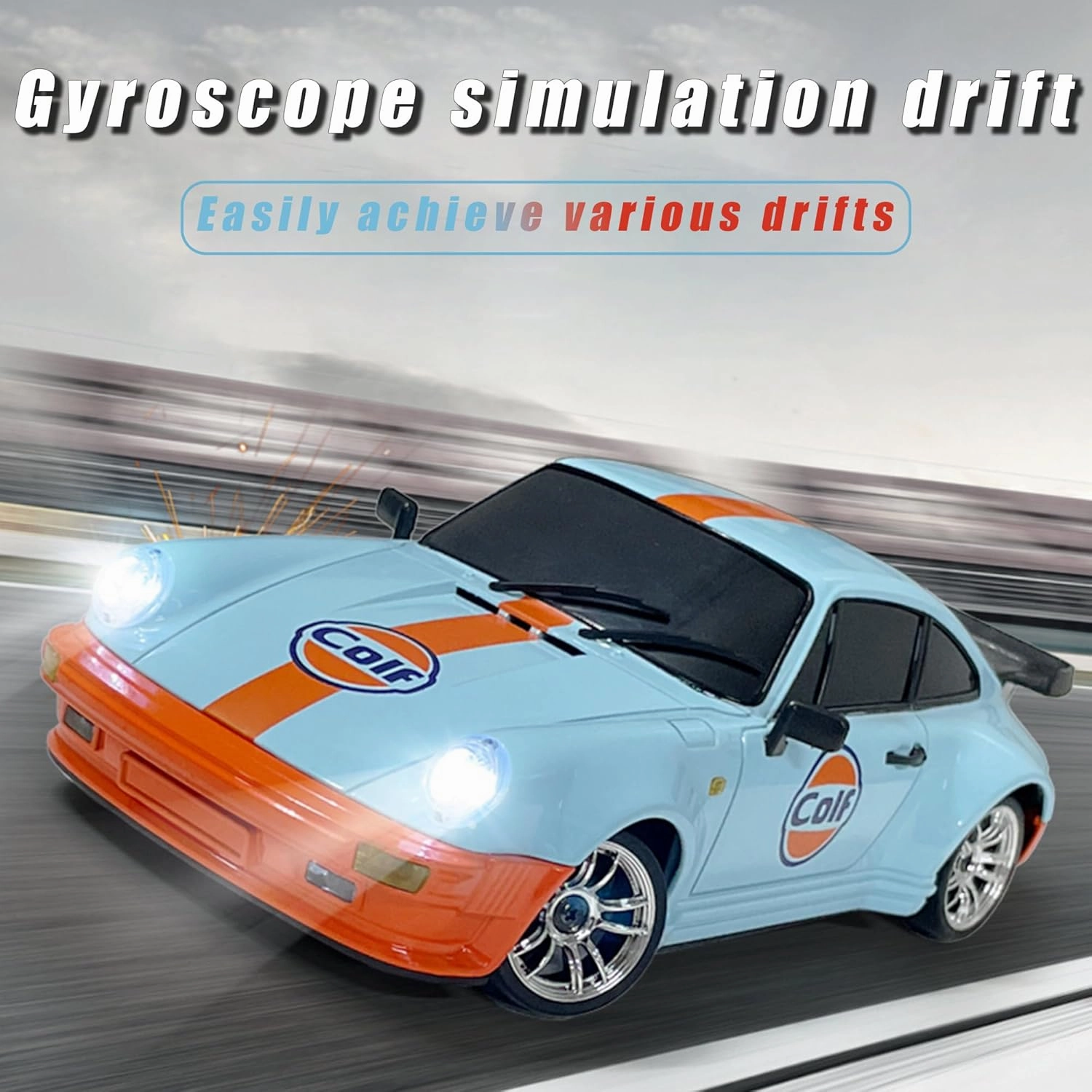 LD1898 1/18 RC Drift Car GTR R34 2.4GHz RWD with Gyroscope on-Road Alloy Body Shell Racing Cars Radio Control (Blue-Orange)