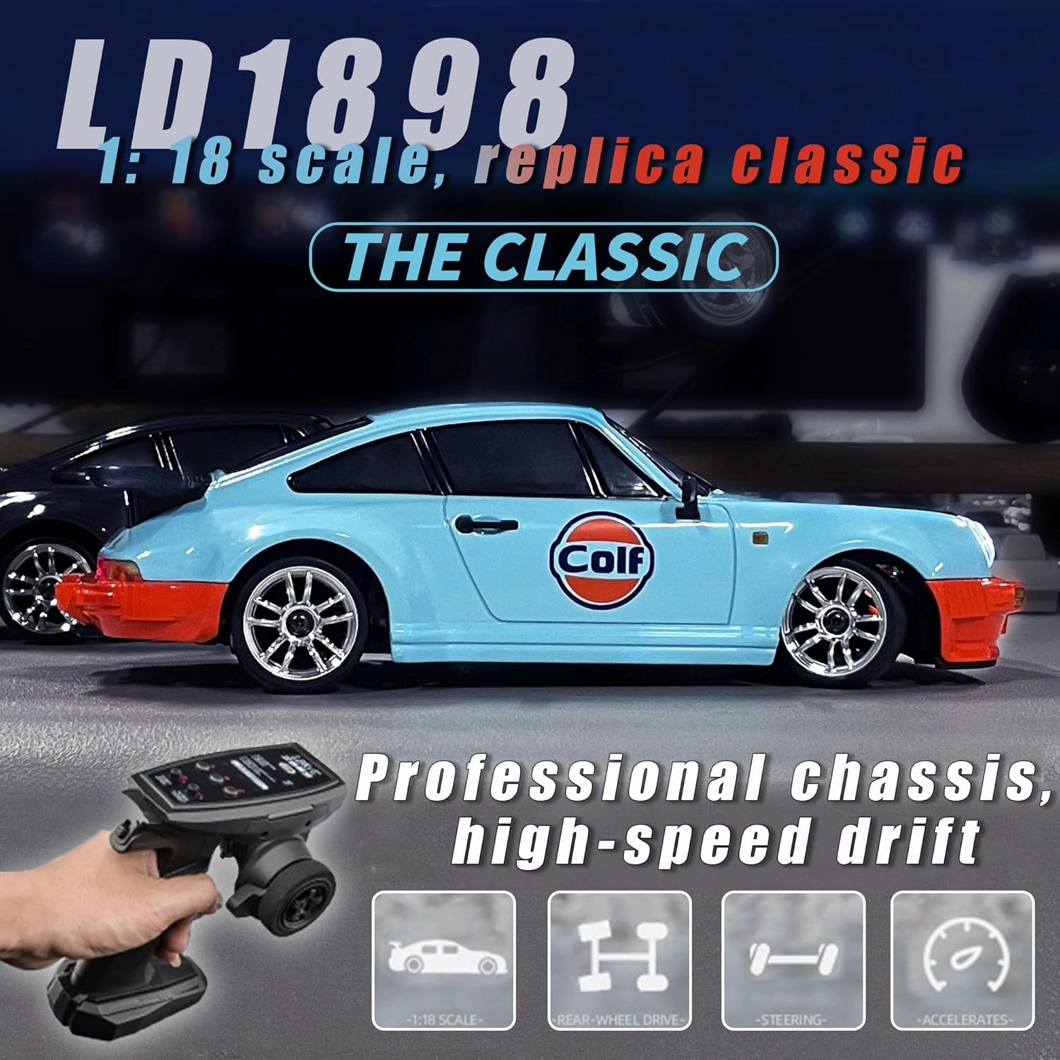 LD1898 1/18 RC Drift Car GTR R34 2.4GHz RWD with Gyroscope on-Road Alloy Body Shell Racing Cars Radio Control (Blue-Orange)