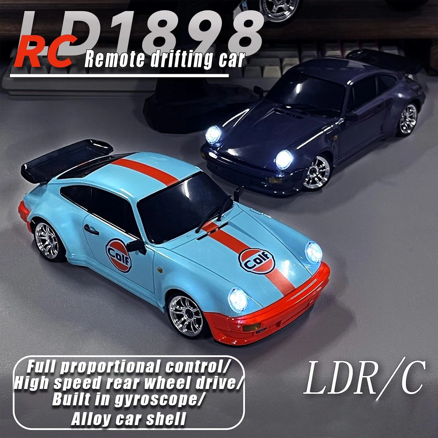 LD1898 1/18 RC Drift Car GTR R34 2.4GHz RWD with Gyroscope on-Road Alloy Body Shell Racing Cars Radio Control (Blue-Orange)