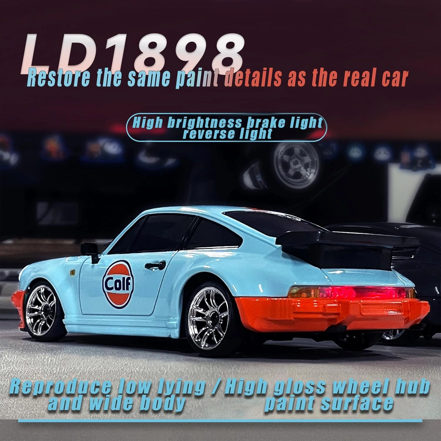 LD1898 1/18 RC Drift Car GTR R34 2.4GHz RWD with Gyroscope on-Road Alloy Body Shell Racing Cars Radio Control (Blue-Orange)
