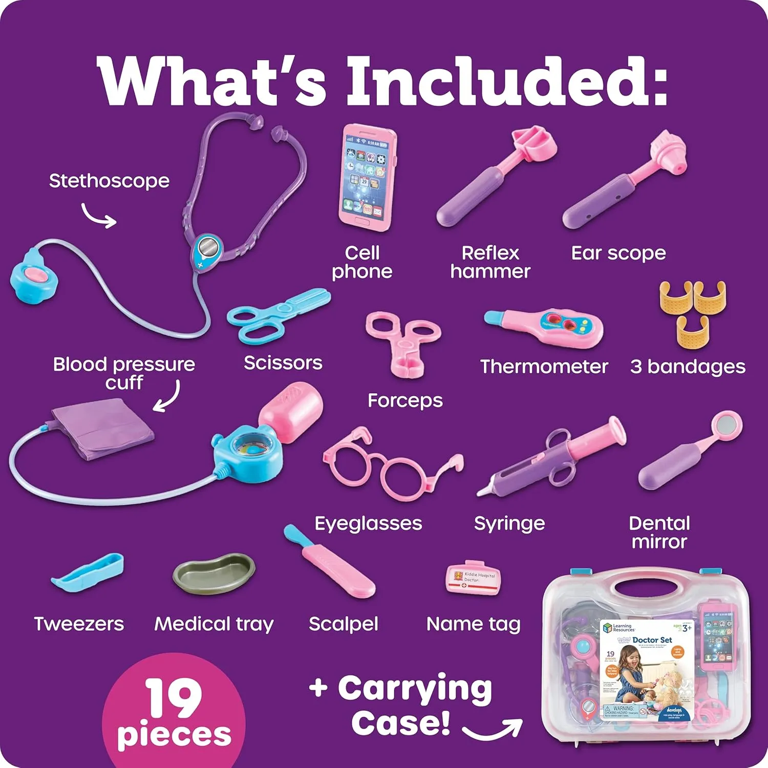 Learning Resources Pretend and Play Doctor Kit - 19 Piece Set, Ages 3  Doctor Kit for Kids, Pink Doctor Costume, Toy Medical Kit, Toddler Social Emotional Learning Toys