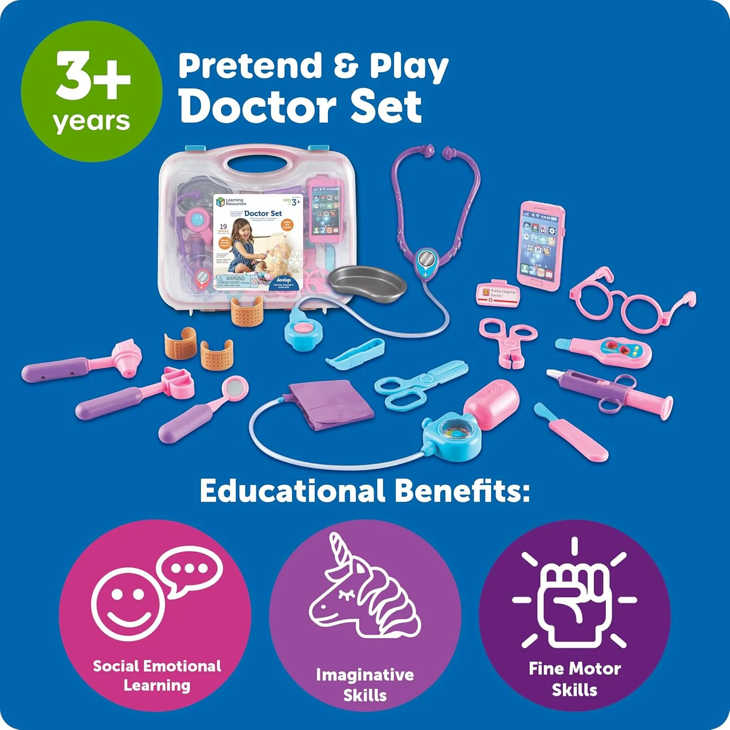 Learning Resources Pretend and Play Doctor Kit - 19 Piece Set, Ages 3  Doctor Kit for Kids, Pink Doctor Costume, Toy Medical Kit, Toddler Social Emotional Learning Toys