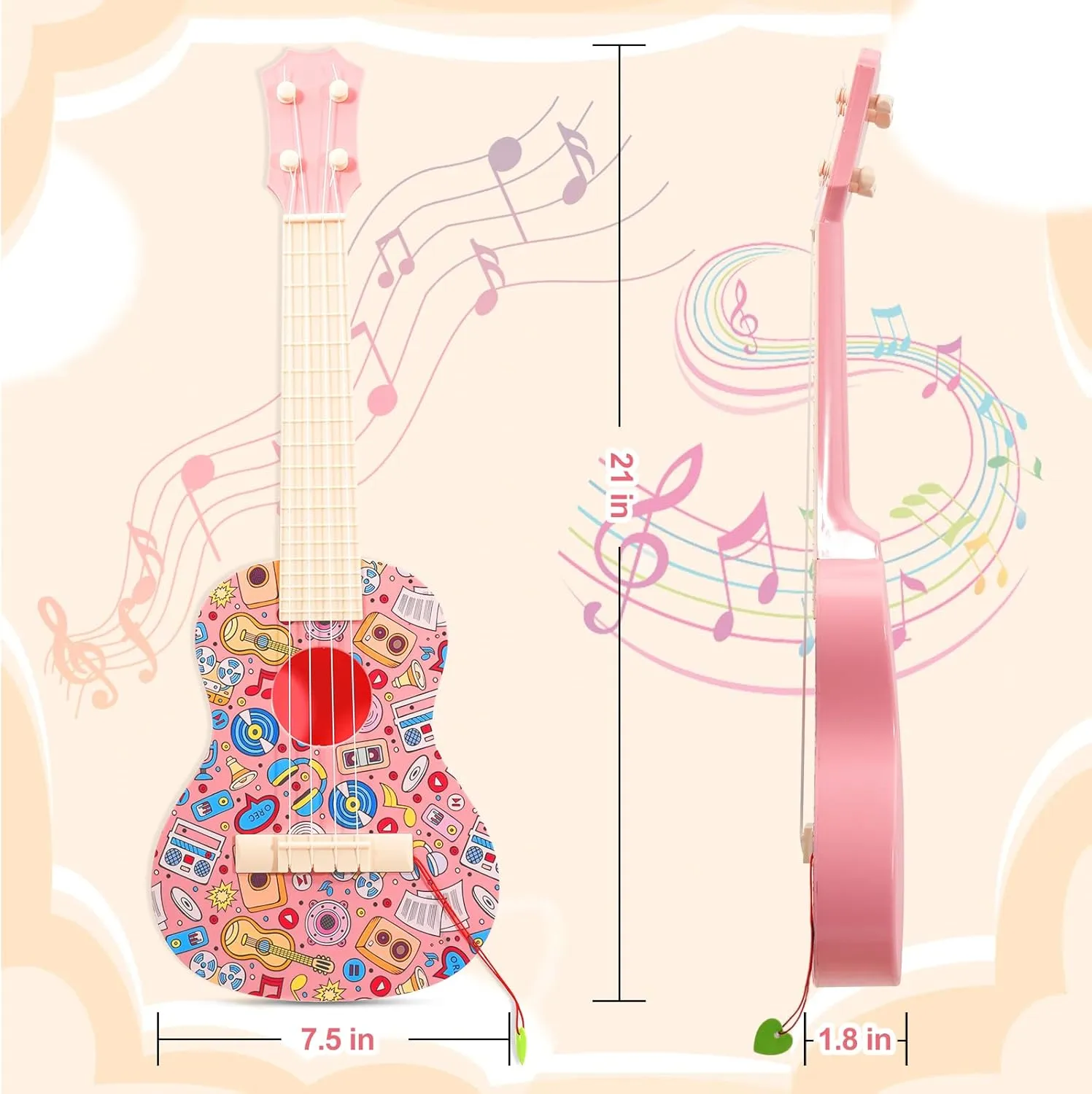 LeeQee 21in Colorful Graffiti Ukulele Guitar for Kids, 4 Strings Kids Guitar Ukulele Musical Instruments Learning Educational Toys with Picks for 3 4 5 6 7 8 9 10 11 12 Kids Toddler Boys Girls (Pink)
