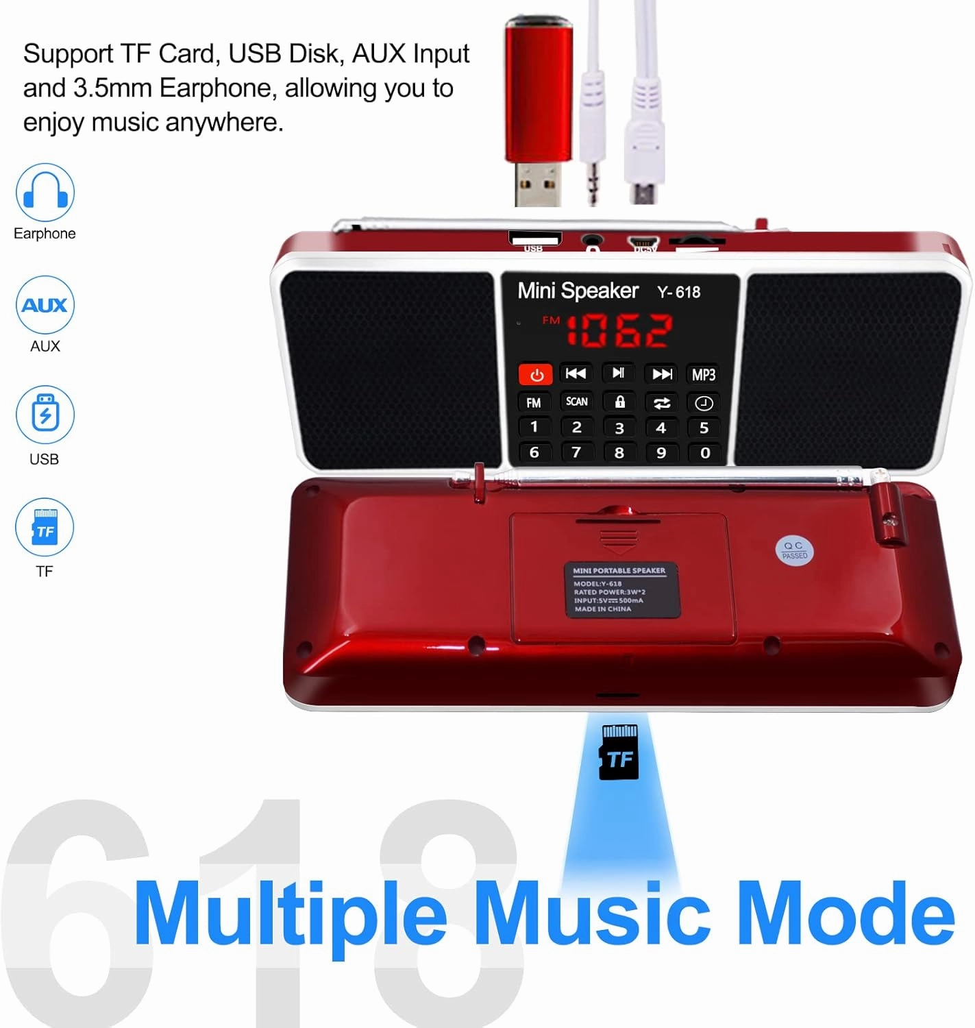 LEFON Multifunction Digital FM Radio Media Speaker MP3 Music Player Support TF Card USB Drive with LED Screen Display and Setting Timing Shutdown Function (Red)