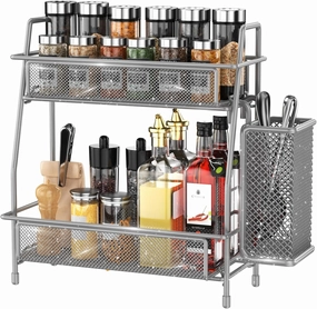 LEMIKKLE Spice Rack Organizer - Kitchen Counter & Cabinet, Grey Metal with Side Basket