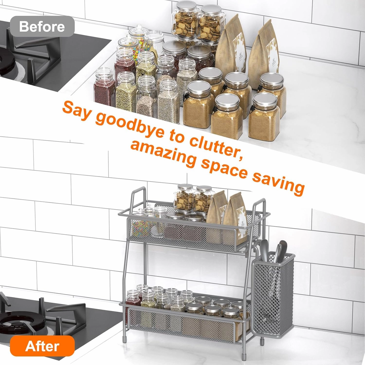 LEMIKKLE Spice Rack Organizer - Kitchen Counter & Cabinet, Grey Metal with Side Basket
