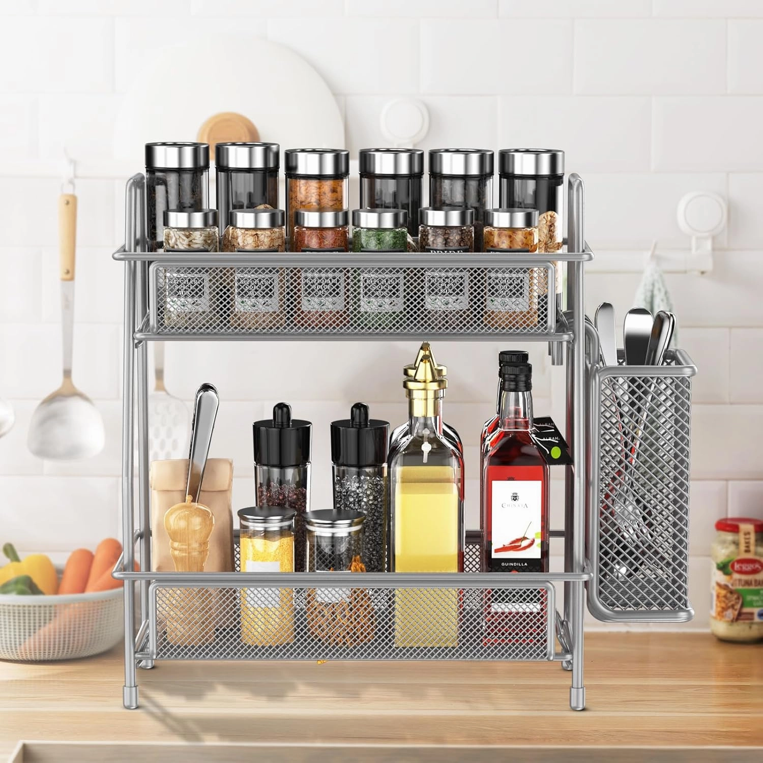 LEMIKKLE Spice Rack Organizer - Kitchen Counter & Cabinet, Grey Metal with Side Basket