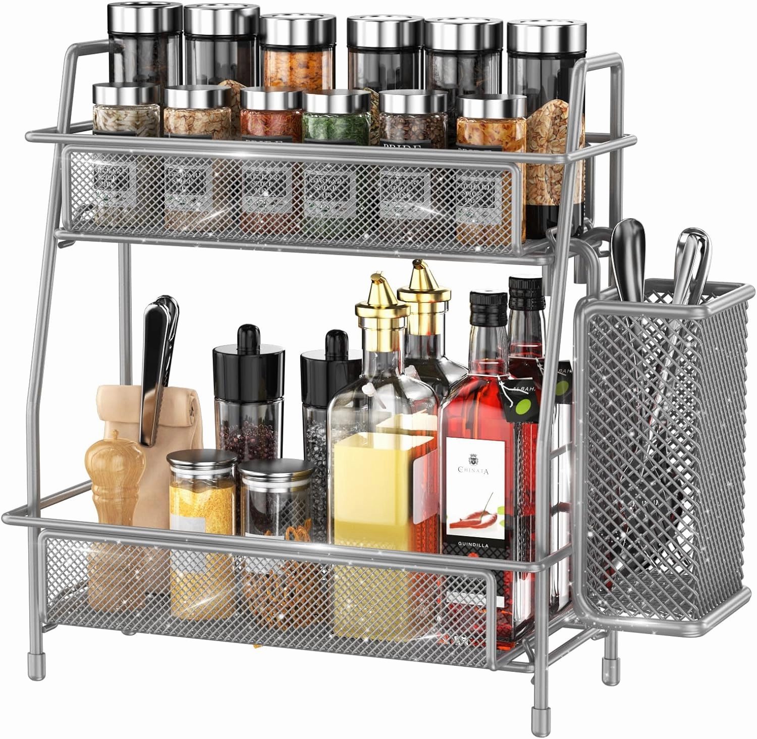 LEMIKKLE Spice Rack Organizer - Kitchen Counter & Cabinet, Grey Metal with Side Basket