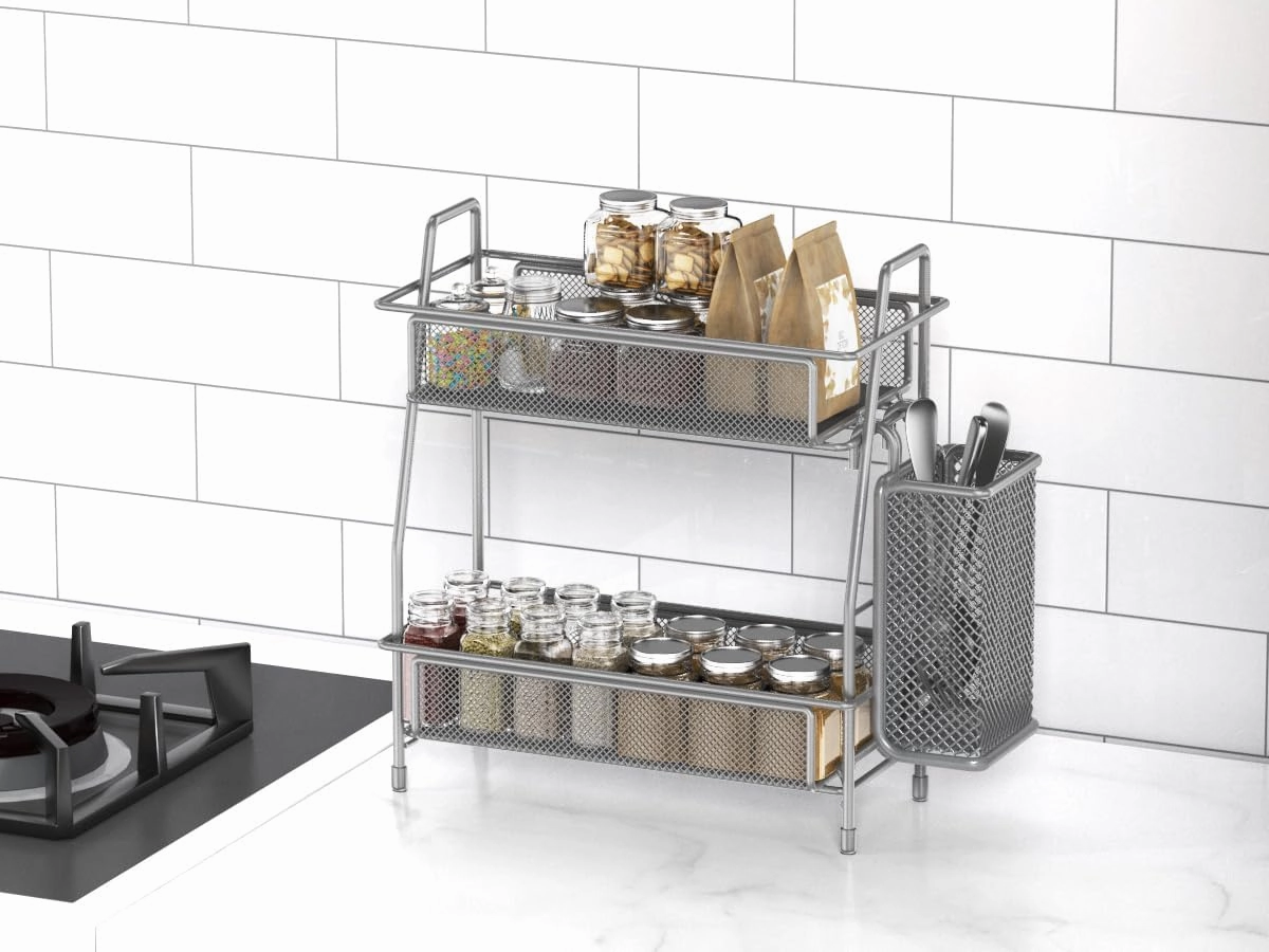 LEMIKKLE Spice Rack Organizer - Kitchen Counter & Cabinet, Grey Metal with Side Basket