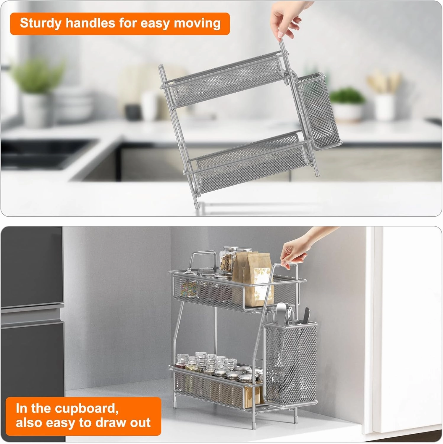 LEMIKKLE Spice Rack Organizer - Kitchen Counter & Cabinet, Grey Metal with Side Basket