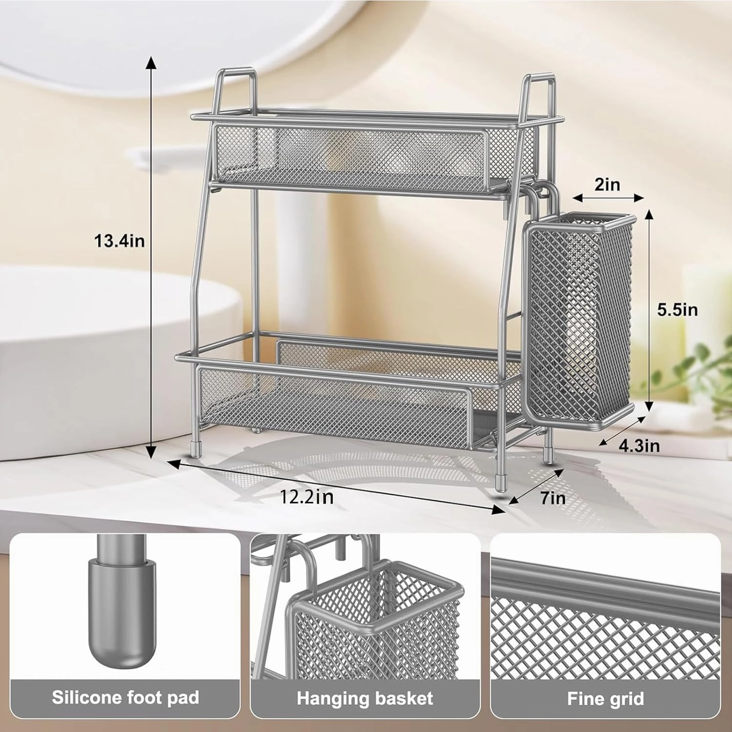 LEMIKKLE Spice Rack Organizer - Kitchen Counter & Cabinet, Grey Metal with Side Basket