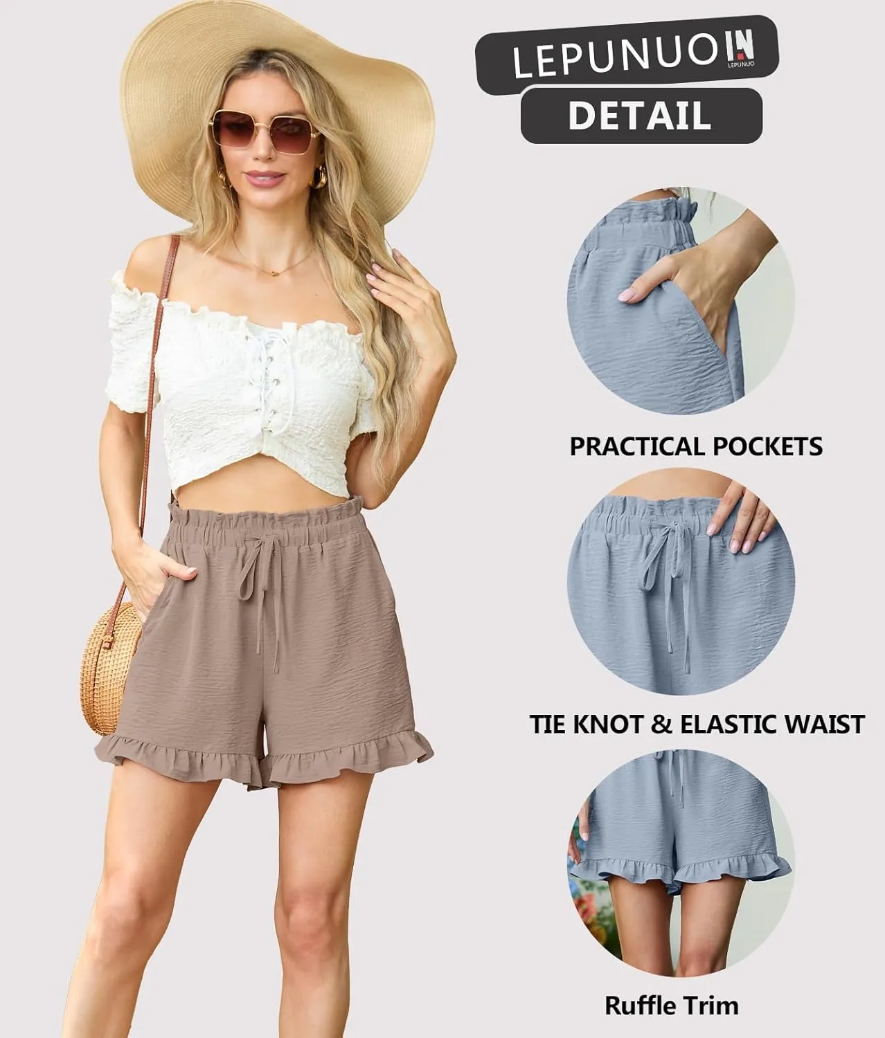 Lepunuo Womens Casual High Waisted Wide Leg Shorts Drawstring Cute Casual Summer Beach Shorts with Pockets