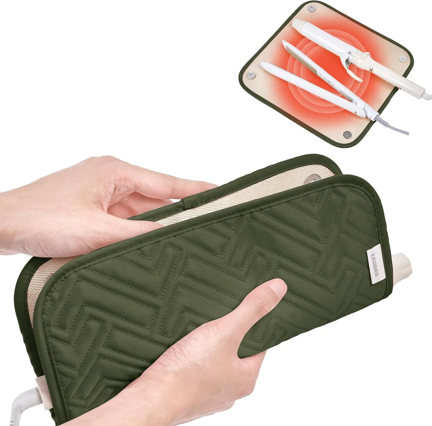 Leudes Hair Tools Travel Bag for Women Heat Resistant Mat for Travel Essentials Hot Tools Straighteners,Flat Irons,Curling Iron,Hot Air Brushes and Hair Dryer Organizer Bags 2 in 1 (Army GreenA)
