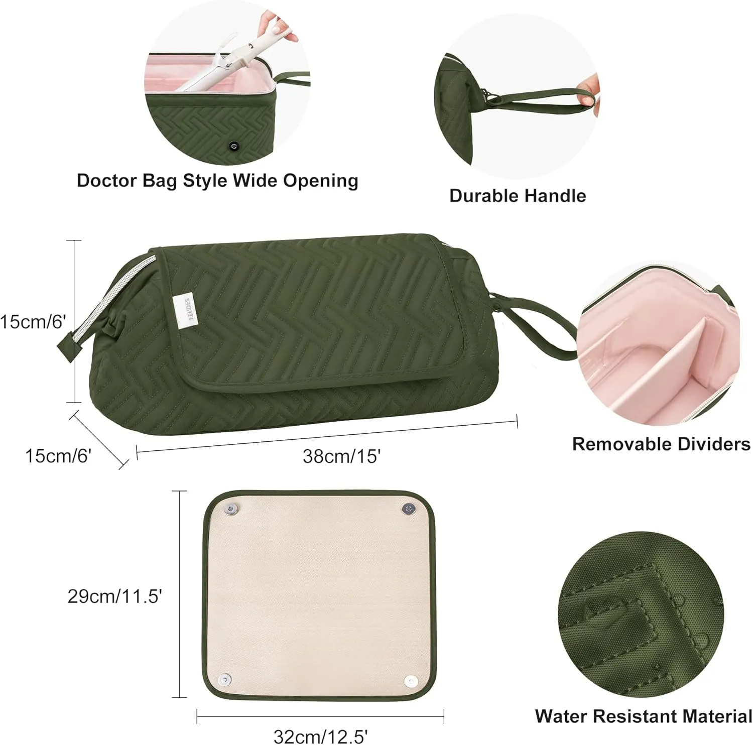 Leudes Hair Tools Travel Bag for Women Heat Resistant Mat for Travel Essentials Hot Tools Straighteners,Flat Irons,Curling Iron,Hot Air Brushes and Hair Dryer Organizer Bags 2 in 1 (Army GreenA)