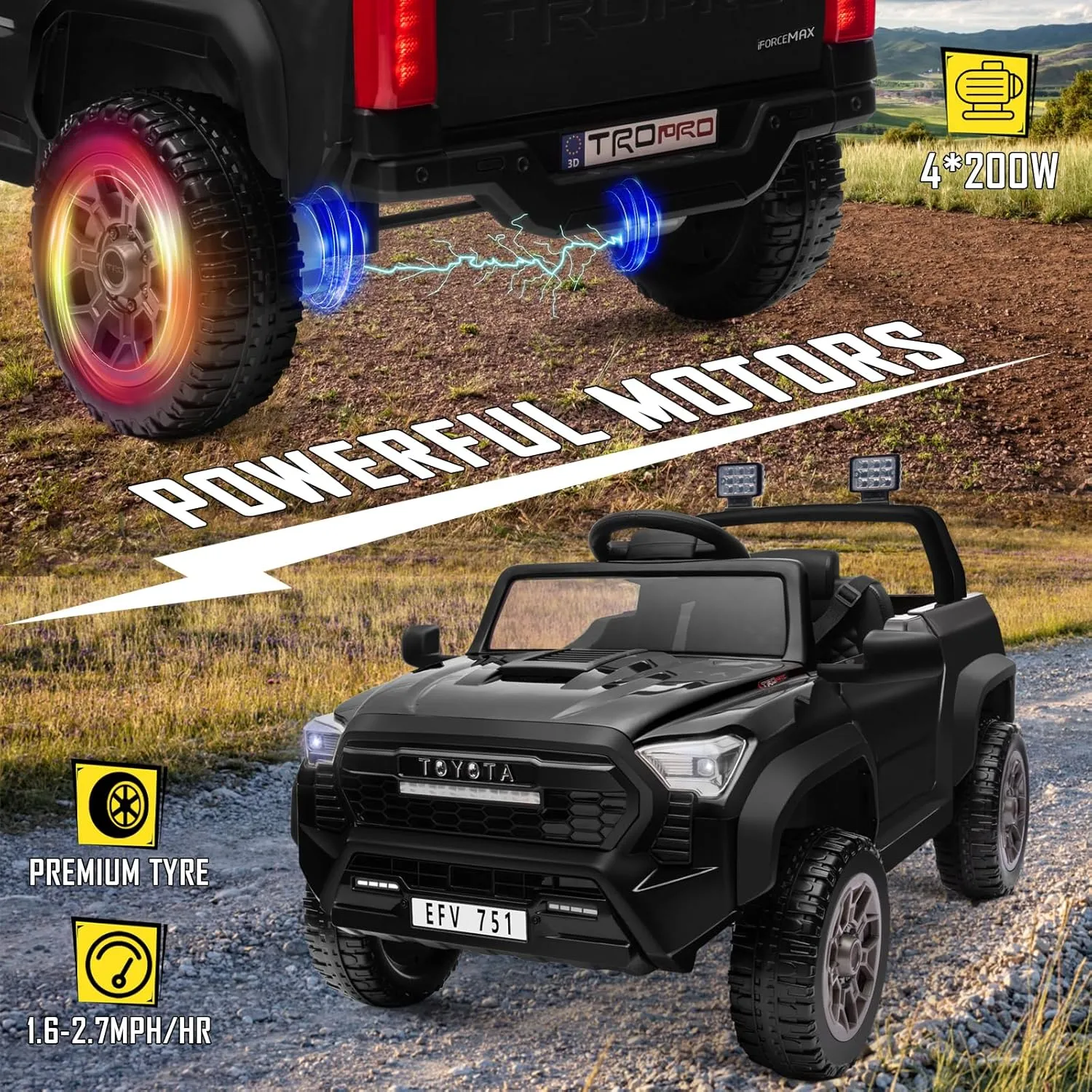 Licensed Toyota 24V Ride on Car Truck for Kids, Electric Cars Vehicles with Remote Control, Spring Suspension,Music, LED Lights, 3 Speed-Black