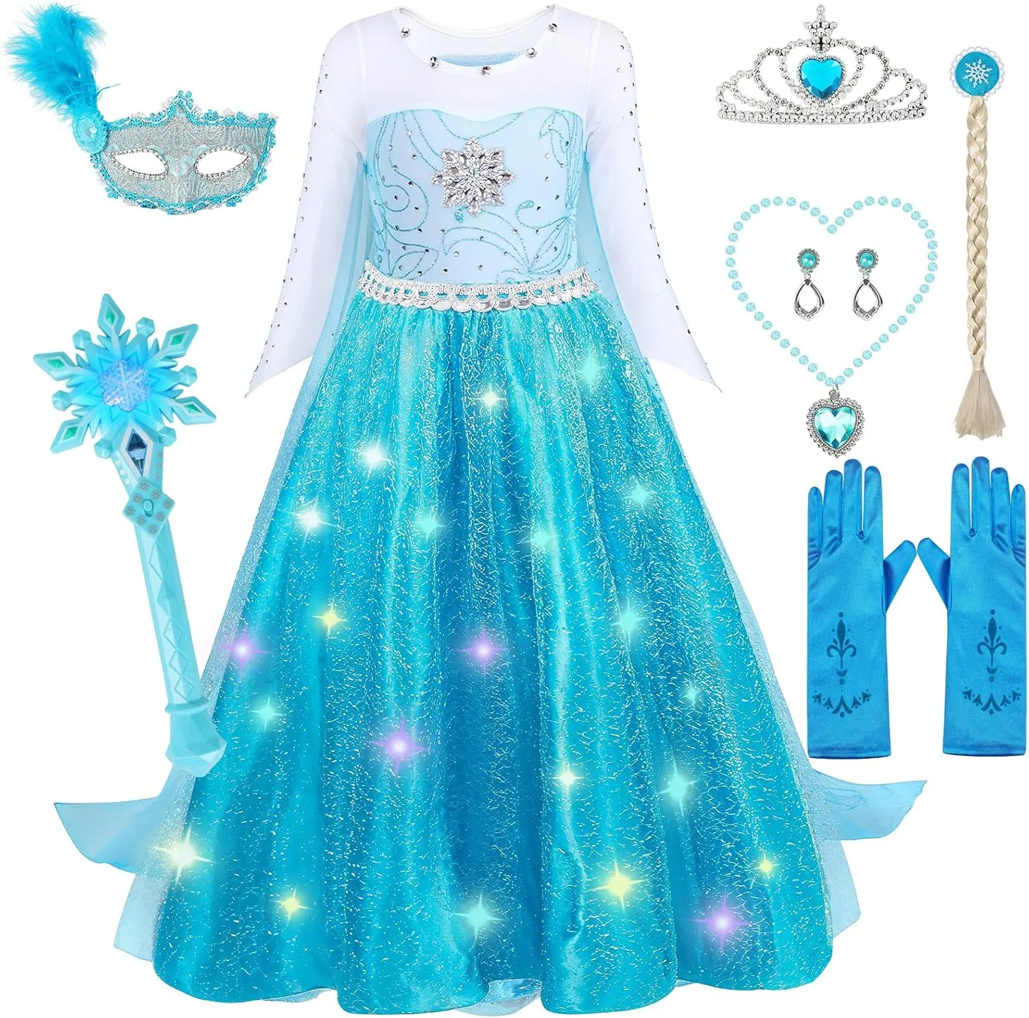 Light Up Costume for Girls with Snowflake Wand, Princess Dress Up for Girls 3-8
