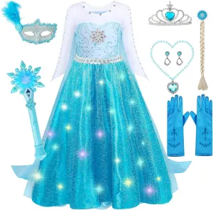 Light Up Costume for Girls with Snowflake Wand, Princess Dress Up for Girls 3-8