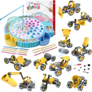Light Up Fishing Game Toys and 10 in 1 Kids STEM Building Toys