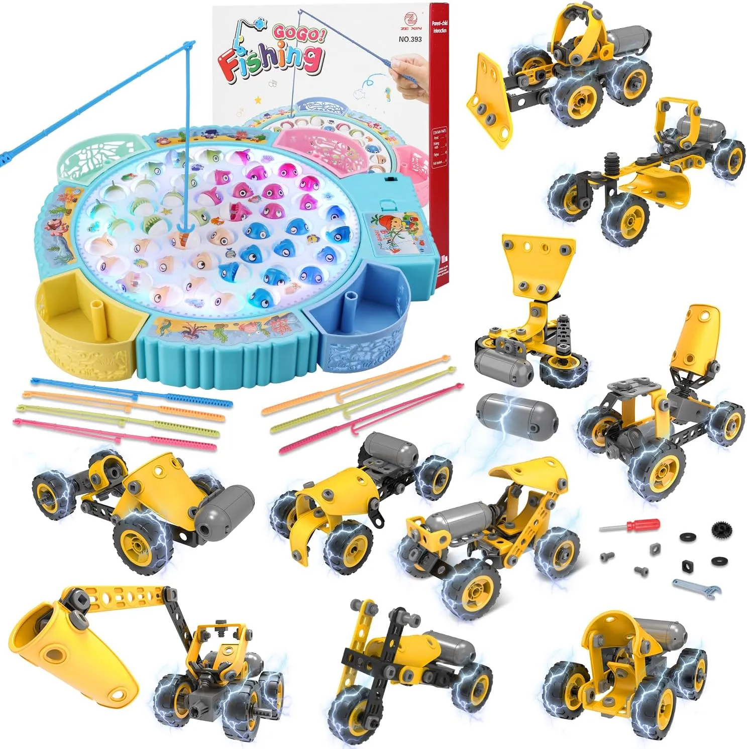 Light Up Fishing Game Toys and 10 in 1 Kids STEM Building Toys