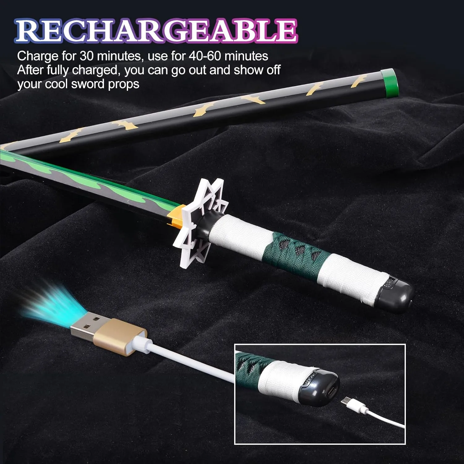 Light-Up Sanemi Sword Replica with Rechargeable Battery, 30 Inch LED Katana with Display Stand, and Belt,Wands for Cosplay and Collection, Perfect for Halloween and Gift