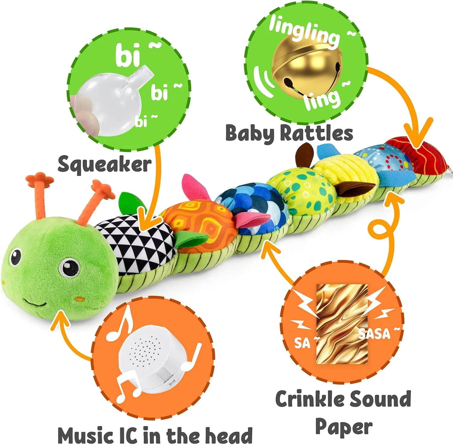 LIGHTDESIRE Baby Toys Musical Caterpillar,Infant Stuffed Animal Toys with Crinkle and Rattles,Soft Sensory Toys with Textures for Tummy Time Newborn Boys Girls 0 3 6 12 Months(Green)