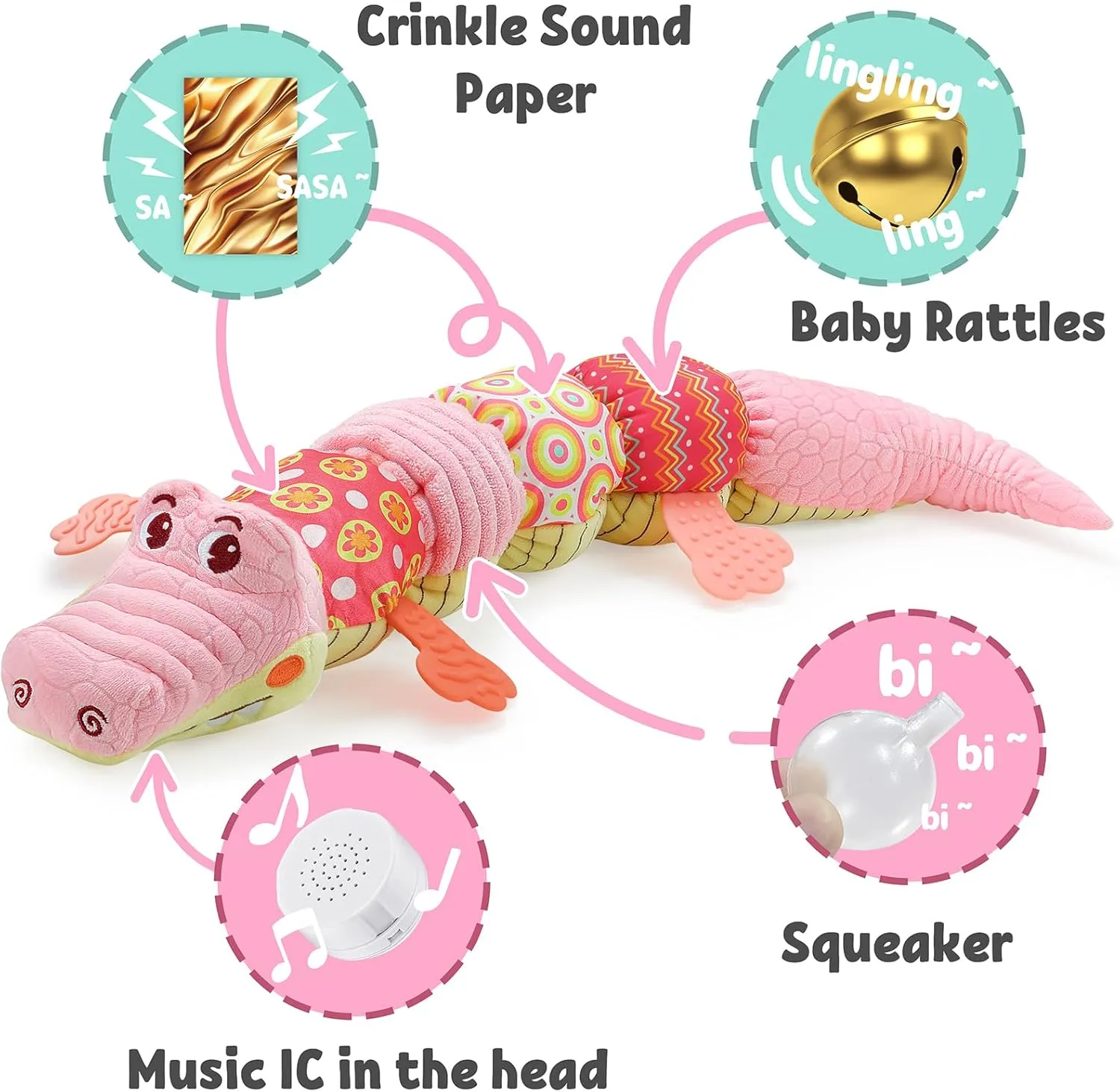 LIGHTDESIRE Baby Toys Musical Crocodile,Infant Toys Stuffed Animals Toy with Ruler Design and Ring Bell,Baby Teething Toy for Tummy Time Newborn Boys Girls 0 3 6 12 Months(Pink)