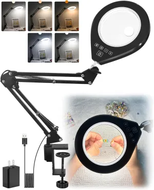 Lighted Magnifying Glass, 10X & 5X Magnifying Glass with Light, Dimmable Magnifier with Lamp, Adjustable 10 Level Brightness and 5 Color Mode Desk Lamp with Clamp for Craft Painting Workbench (White)