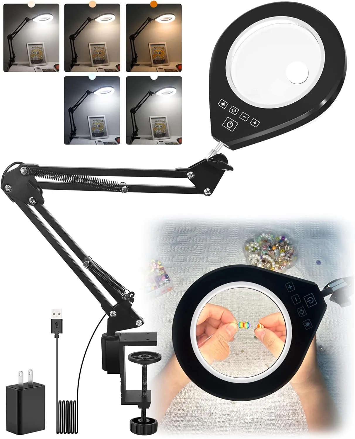 Lighted Magnifying Glass, 10X & 5X Magnifying Glass with Light, Dimmable Magnifier with Lamp, Adjustable 10 Level Brightness and 5 Color Mode Desk Lamp with Clamp for Craft Painting Workbench (White)