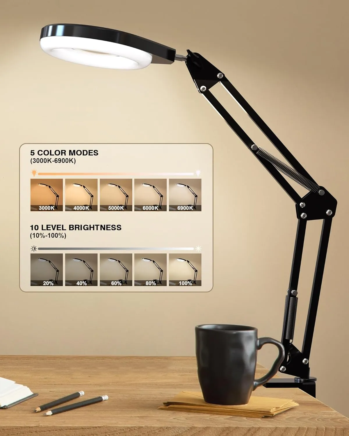 Lighted Magnifying Glass, 10X & 5X Magnifying Glass with Light, Dimmable Magnifier with Lamp, Adjustable 10 Level Brightness and 5 Color Mode Desk Lamp with Clamp for Craft Painting Workbench (White)