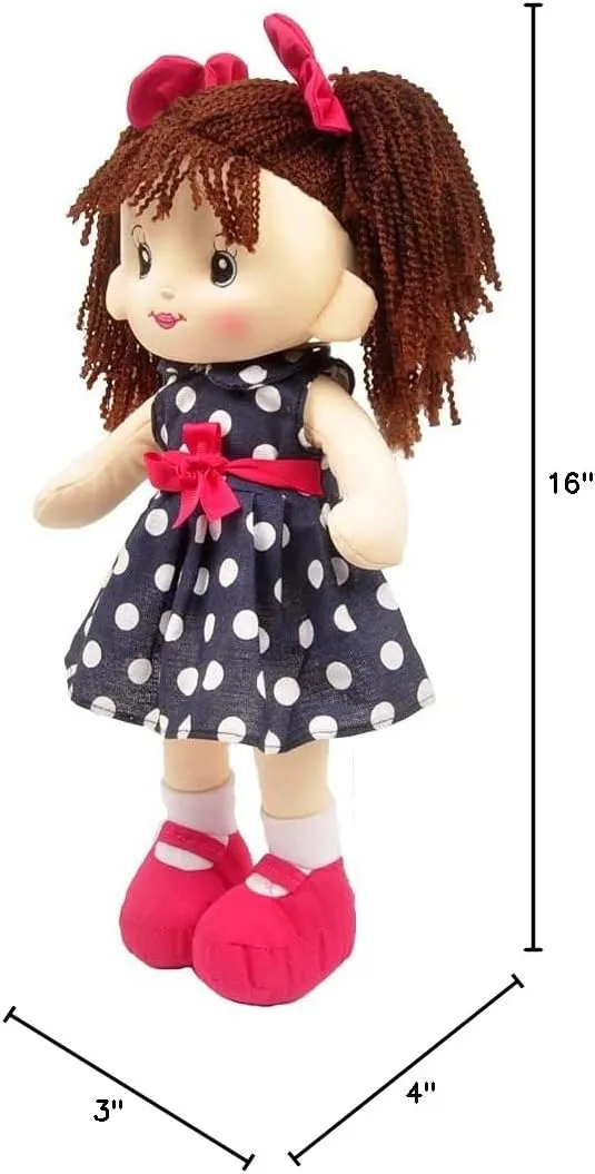 Linzy Toys, 16'' Betty Soft Plush Rag Doll with Polka Dots Dress, Rag Doll for Girls, Sleeping Cuddle Buddy for Toddlers, Muñecas de trapo para niña, First Doll for Kids (92640AZUL)