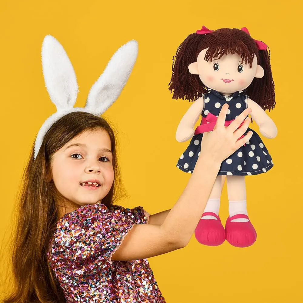 Linzy Toys, 16'' Betty Soft Plush Rag Doll with Polka Dots Dress, Rag Doll for Girls, Sleeping Cuddle Buddy for Toddlers, Muñecas de trapo para niña, First Doll for Kids (92640AZUL)