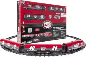 Lionel Battery-Operated NASCAR HMS 40th Anniversary Miniature Toy Train Set with 1:64 Die-cast Car, Locomotive, Train Cars, & Track with Authentic Train Sounds, Lights, for Kids 4 