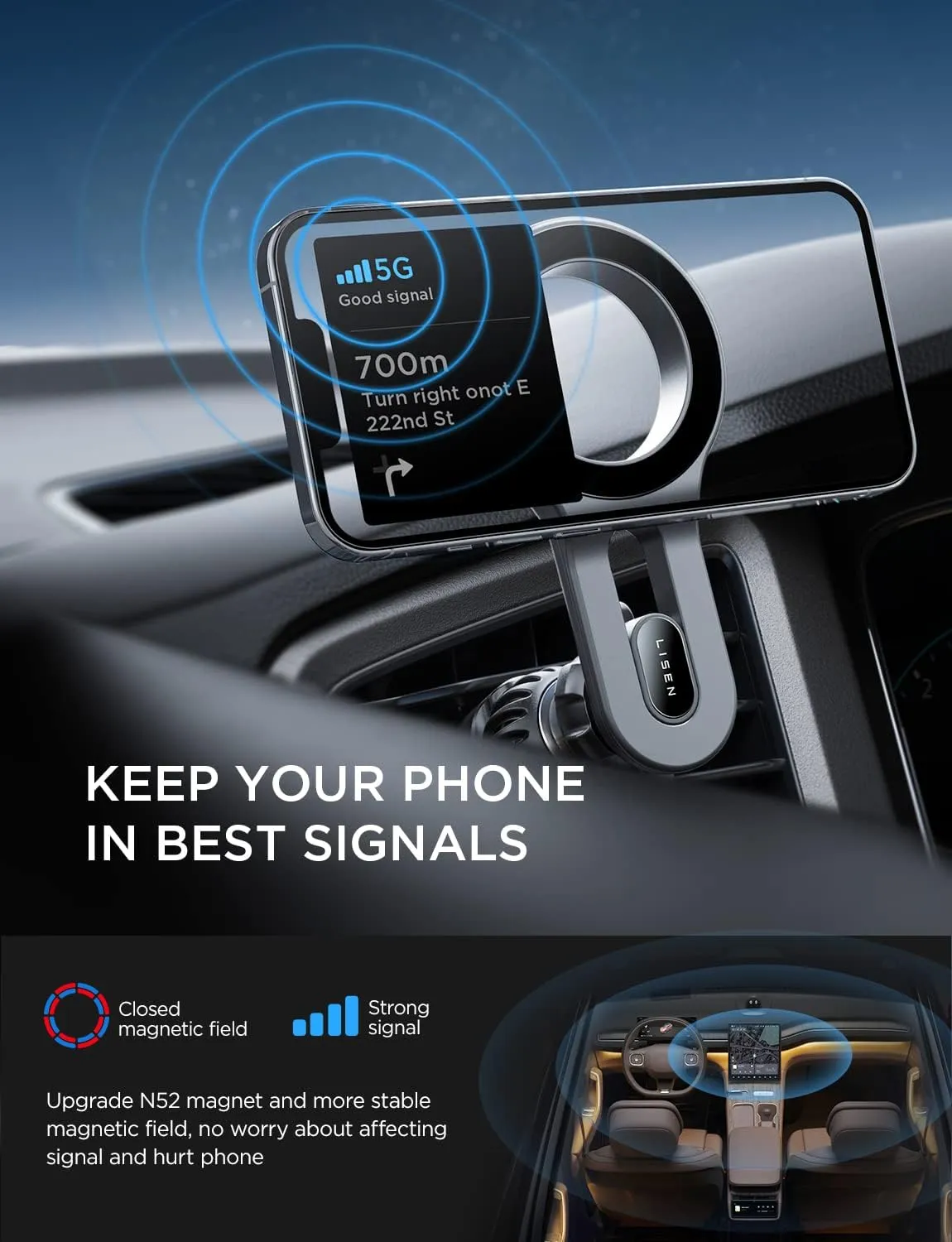 LISEN for iPhone 16 MagSafe Car Mount, [Quick Install] Magnetic Long Arm Mag Safe Car Phone Holder Vent, Car Accessories Gifts for Men Women Fit for iPhone 16 Pro Max 15 14 13 12 Plus Mini, Purple