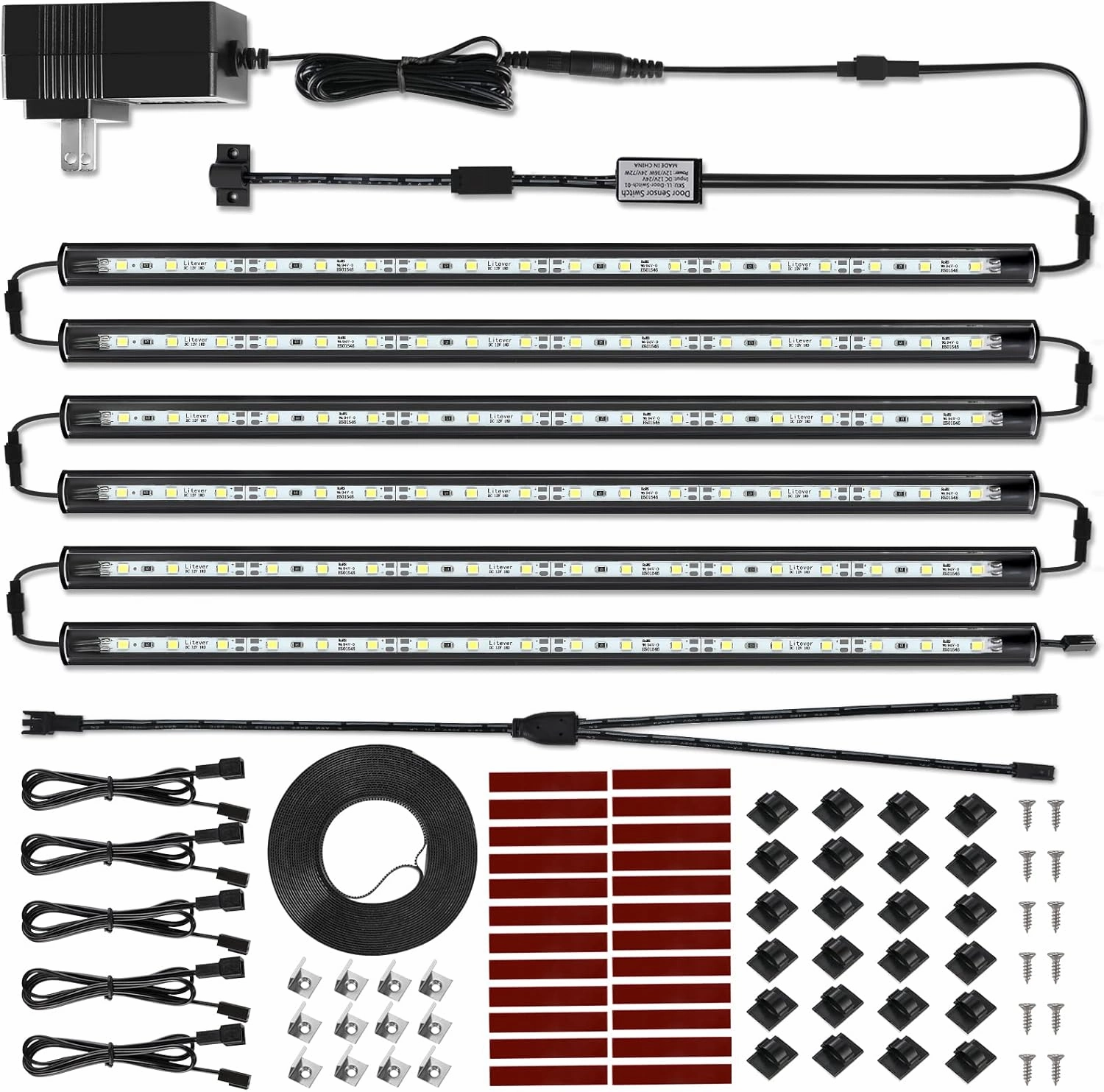 Litever LED Safe Lighting Kit. Door Control Activated. 6 pcs Slim 12 inch Light Bars. Linkable Extendable Plug-in for Gun Safe, Closet, Showcase, in-Cabinet Under Counter Pantry. Daylight 5000K