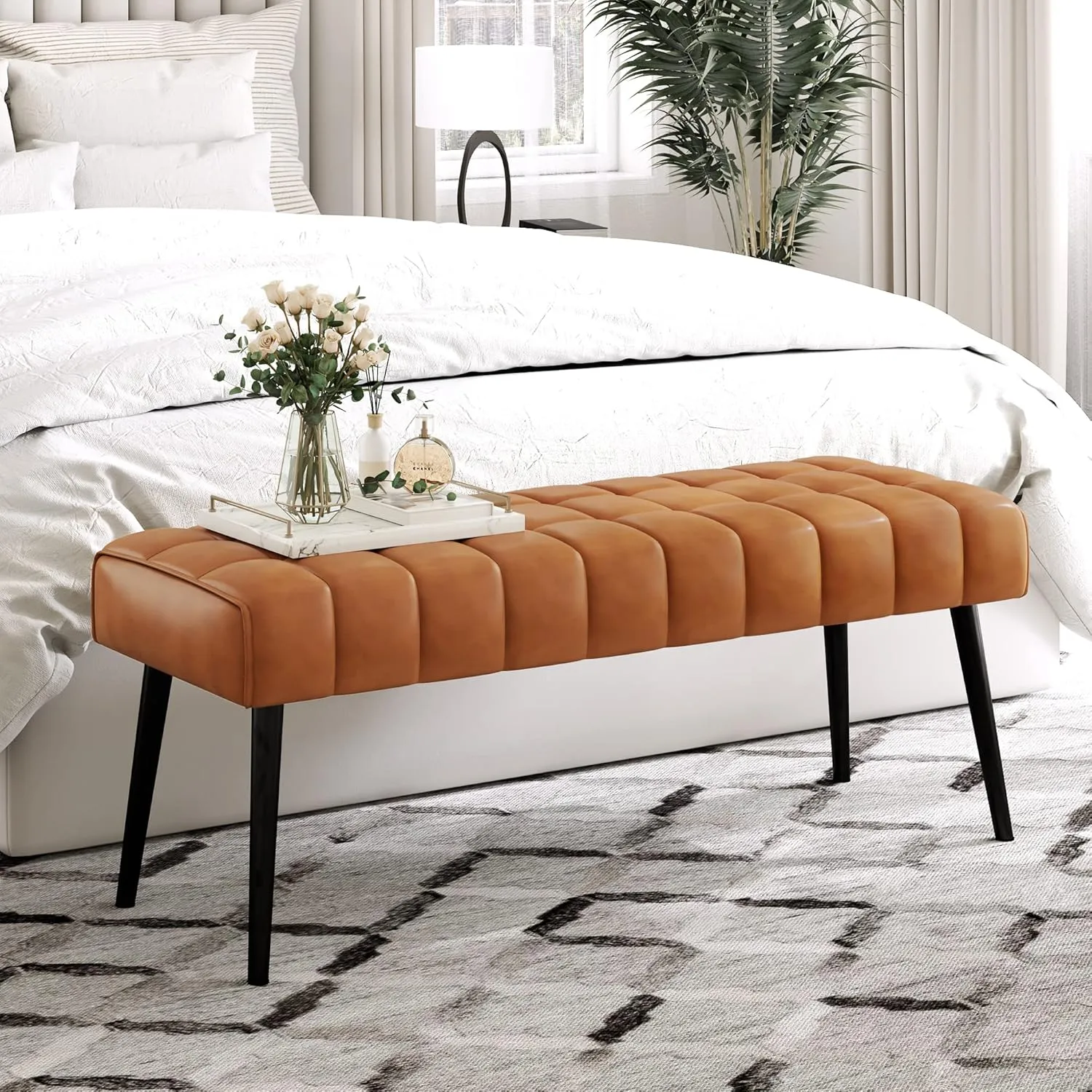 LUE BONA 44.5” End of Bed Bench, Leather Tufted Upholstered Bedroom Bench, Modern Ottoman Bench with Metal Legs for Living Room, Entryway, Dining Room, 300LB, Whiskey Brown