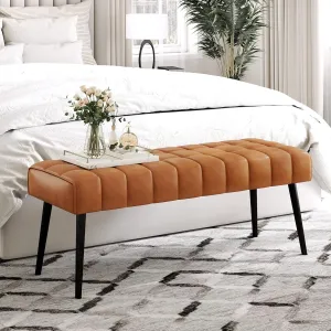 LUE BONA 44.5” End of Bed Bench, Leather Tufted Upholstered Bedroom Bench, Modern Ottoman Bench with Metal Legs for Living Room, Entryway, Dining Room, 300LB, Whiskey Brown
