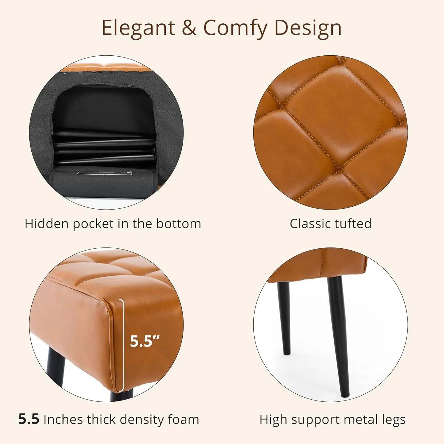 LUE BONA 44.5” End of Bed Bench, Leather Tufted Upholstered Bedroom Bench, Modern Ottoman Bench with Metal Legs for Living Room, Entryway, Dining Room, 300LB, Whiskey Brown