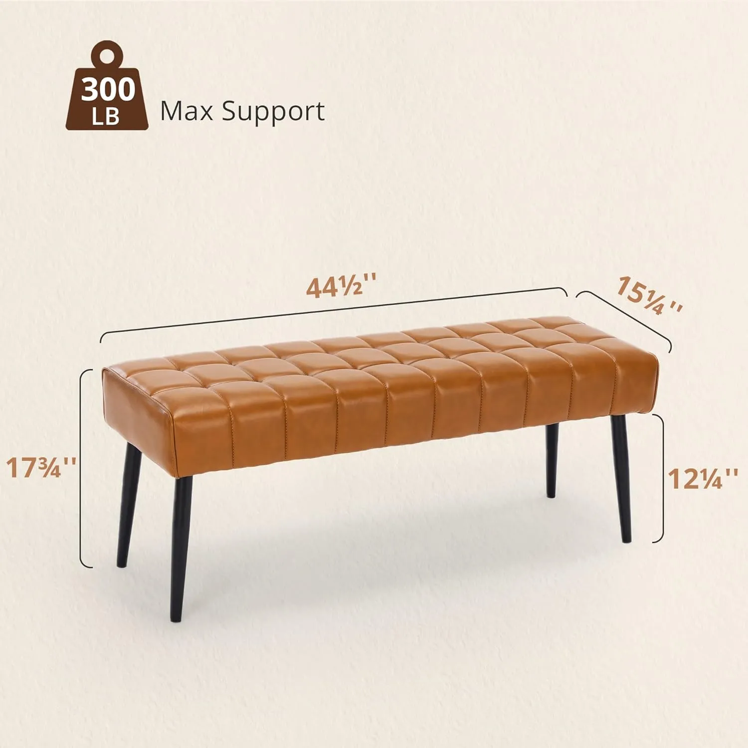 LUE BONA 44.5” End of Bed Bench, Leather Tufted Upholstered Bedroom Bench, Modern Ottoman Bench with Metal Legs for Living Room, Entryway, Dining Room, 300LB, Whiskey Brown