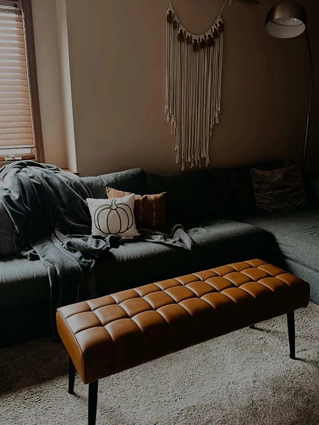LUE BONA 44.5” End of Bed Bench, Leather Tufted Upholstered Bedroom Bench, Modern Ottoman Bench with Metal Legs for Living Room, Entryway, Dining Room, 300LB, Whiskey Brown