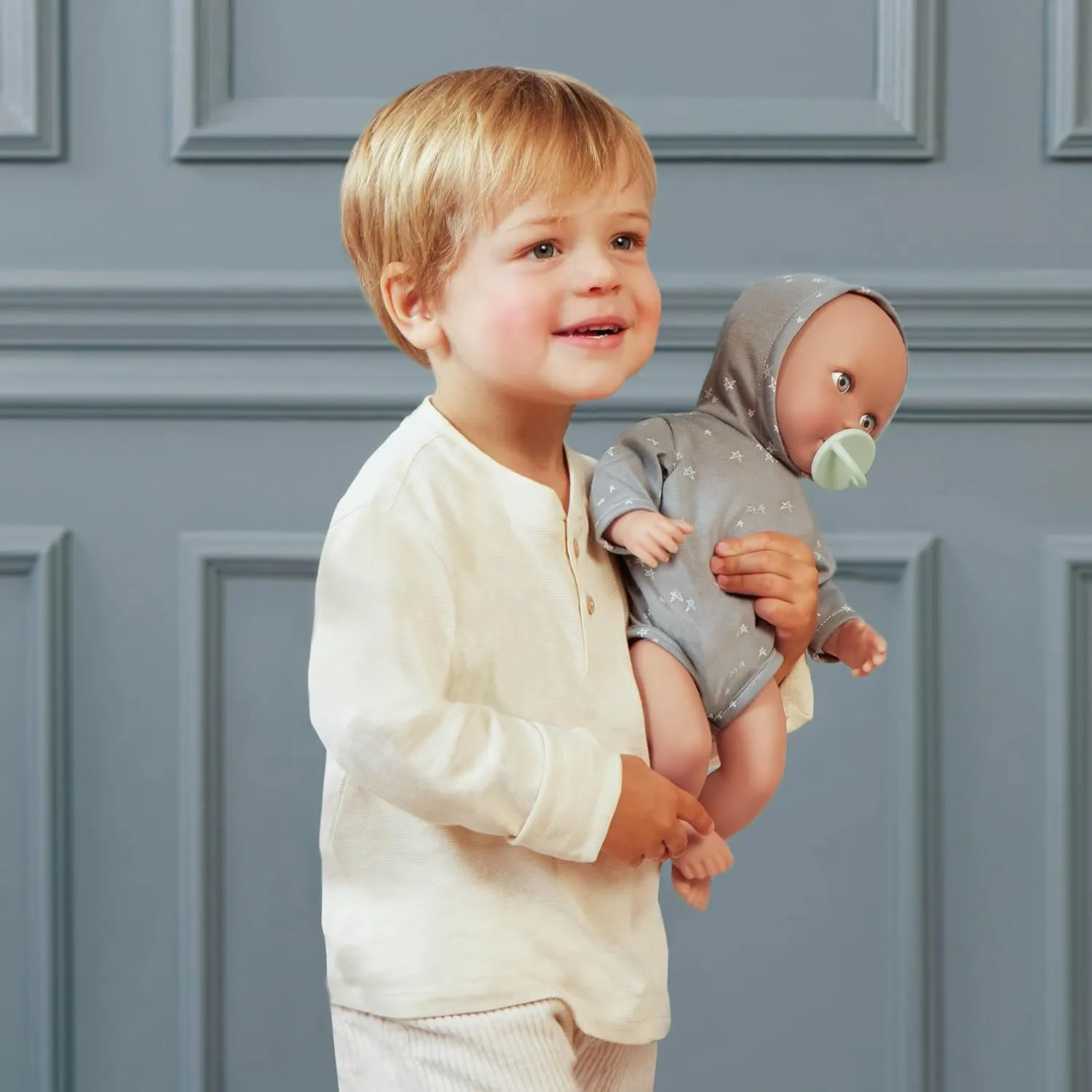 LullaBaby 14-inch Realistic Baby Doll Boy Blue Eyes & Soft Body Doll Clothing Sleeper & Pacifier Accessory Baby Boy Doll – Stars Jumper Pretend Play Toys Kids Ages 2 Years Old & Up
