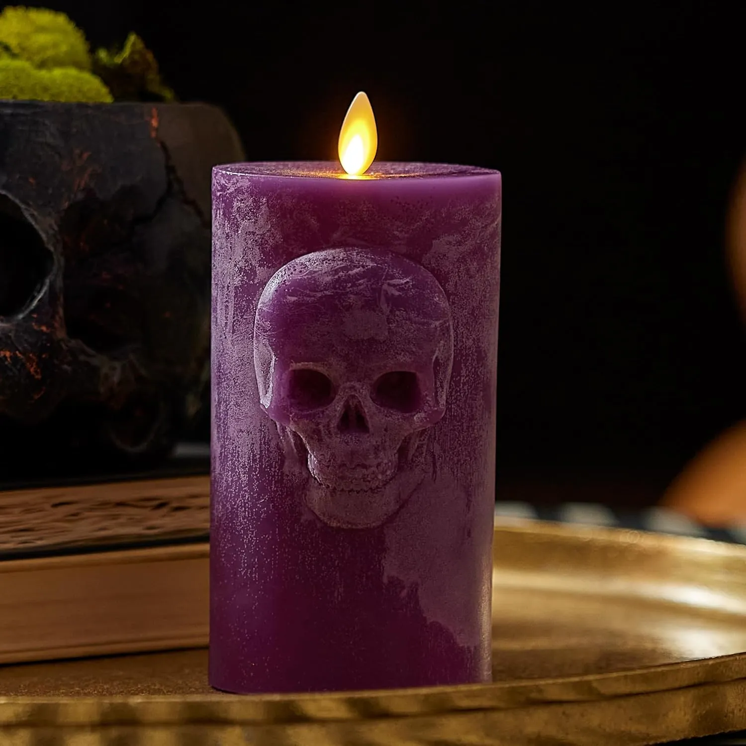 Luminara Chalky Skull LED Candle, Imperial Purple, Moving Flame, Gothic Halloween Decor, Battery Operated Flameless Unscented Wax Timer Indoor