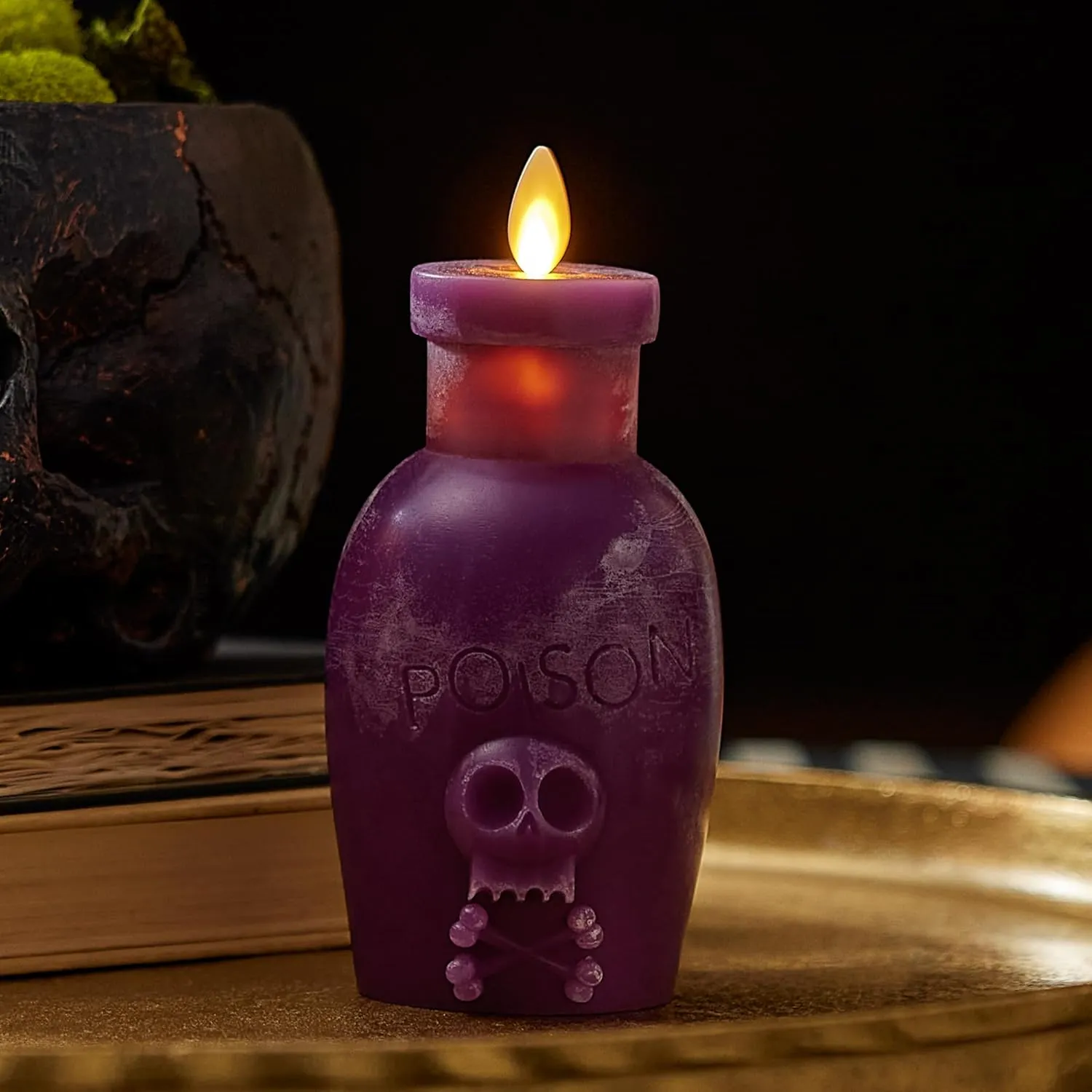 Luminara Poison Bottle Flameless LED Candle Imperial Purple Wax, Battery Operated, Moving Flame Halloween Decor with Timer, Spooky Home Decoration