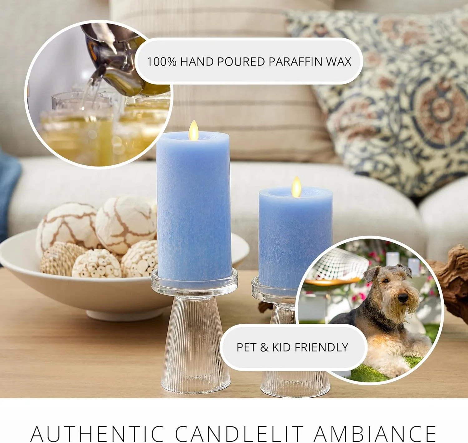 Luminara Sea Glass Flameless Candle, Cornflower 3" x 6.5", Moving LED Flame Pillar with Timer, Battery Operated, Real Wax, Unscented Home Décor