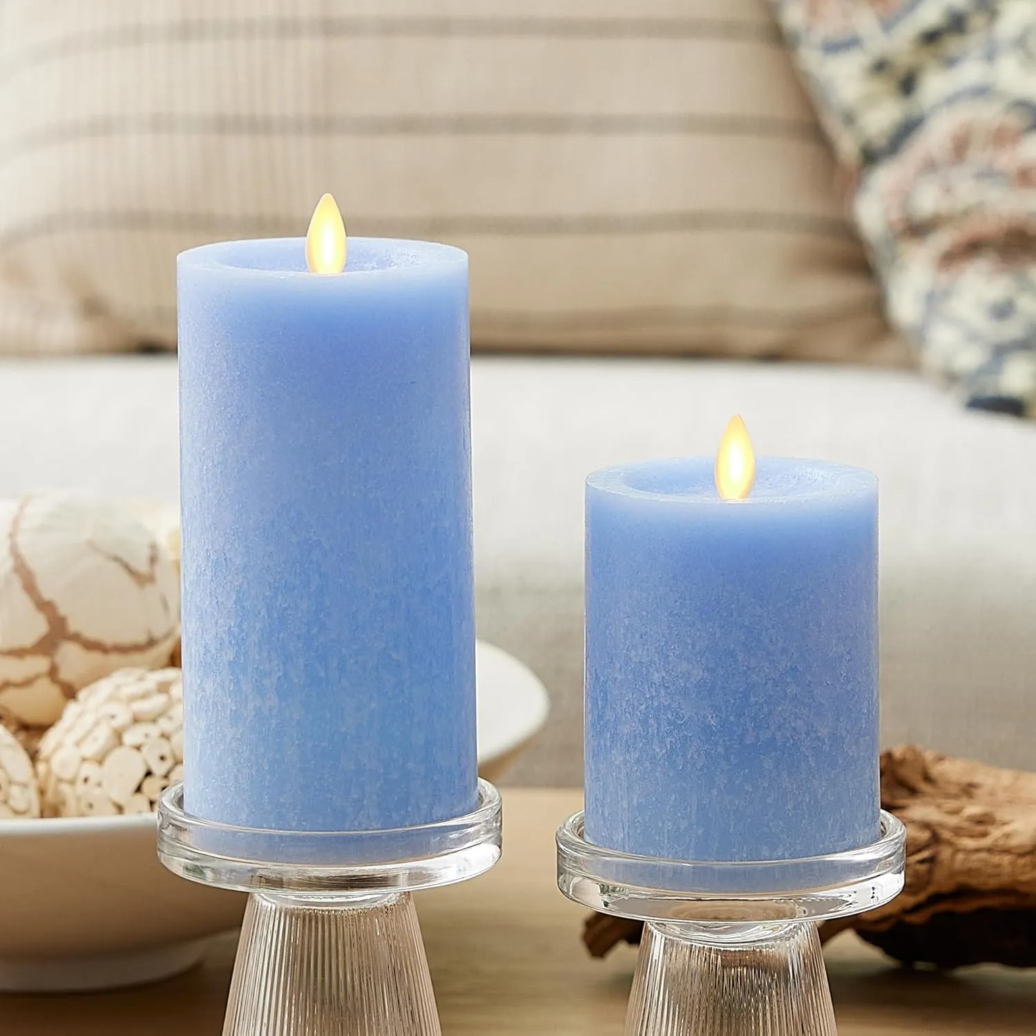 Luminara Sea Glass Flameless Candle, Cornflower 3" x 6.5", Moving LED Flame Pillar with Timer, Battery Operated, Real Wax, Unscented Home Décor