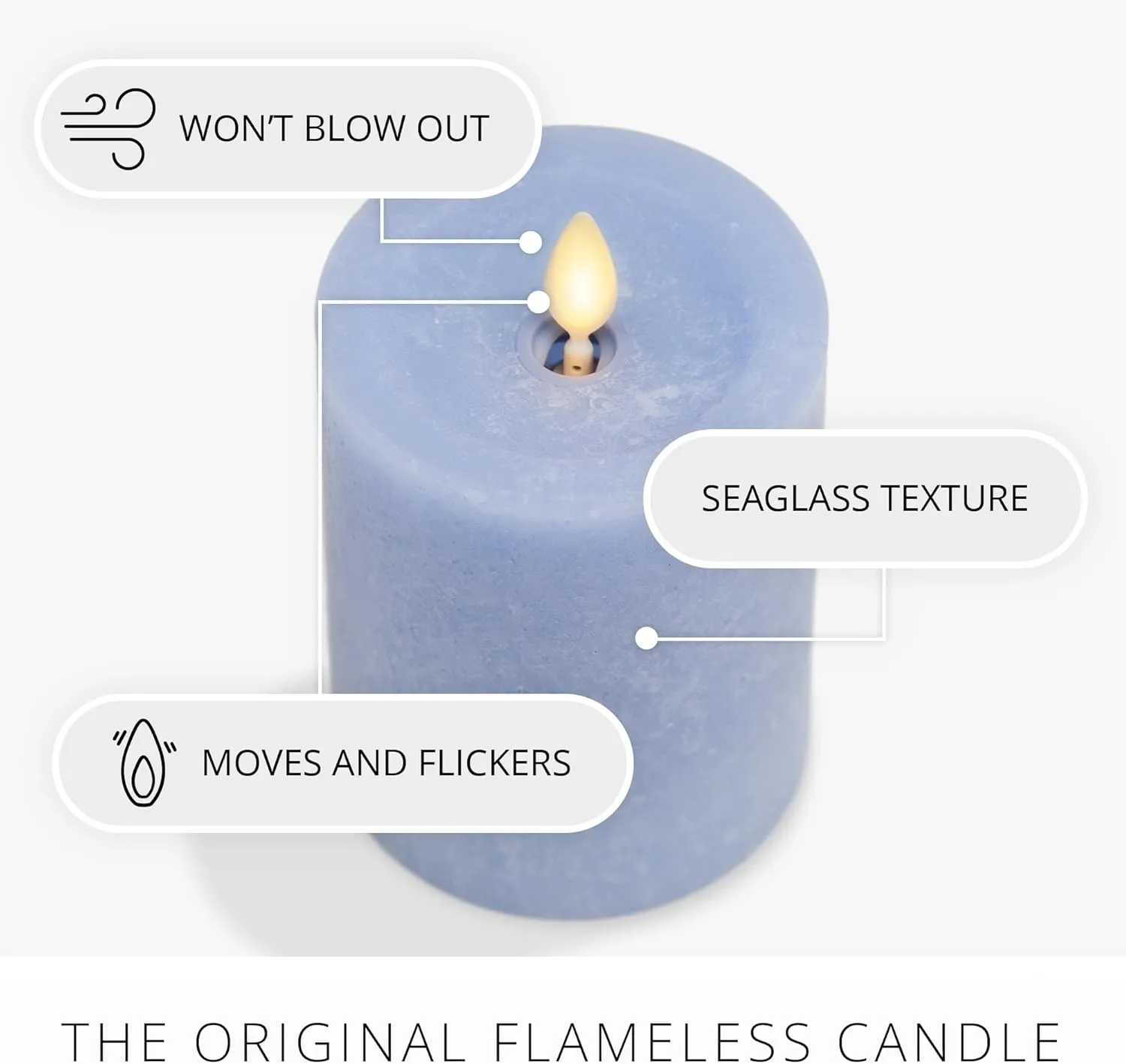 Luminara Sea Glass Flameless Candle, Cornflower 3" x 6.5", Moving LED Flame Pillar with Timer, Battery Operated, Real Wax, Unscented Home Décor