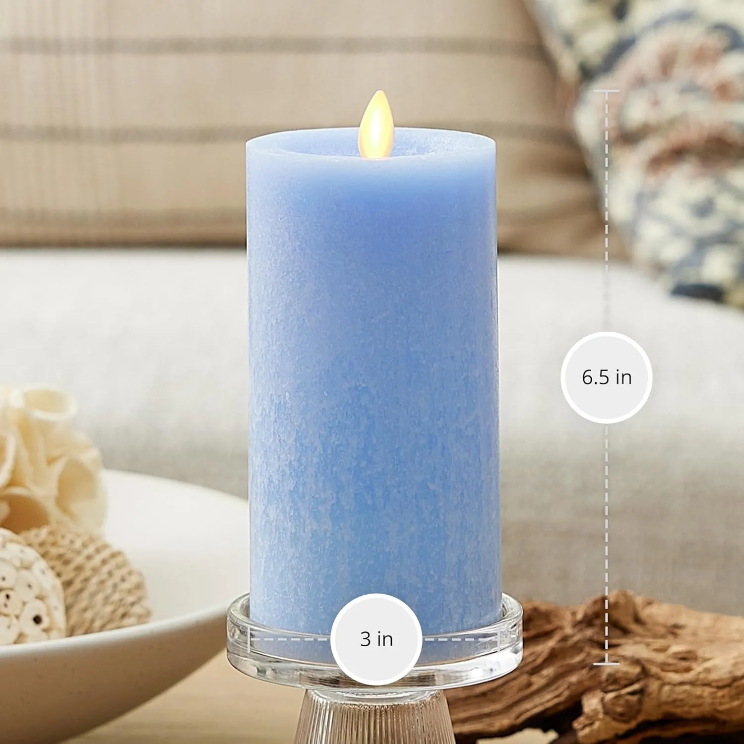 Luminara Sea Glass Flameless Candle, Cornflower 3" x 6.5", Moving LED Flame Pillar with Timer, Battery Operated, Real Wax, Unscented Home Décor