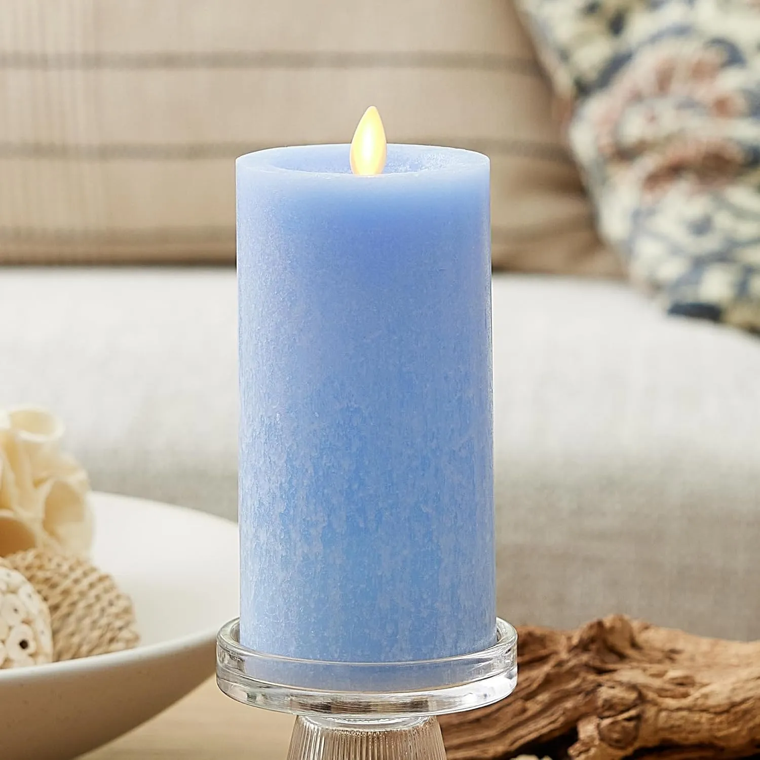 Luminara Sea Glass Flameless Candle, Cornflower 3" x 6.5", Moving LED Flame Pillar with Timer, Battery Operated, Real Wax, Unscented Home Décor