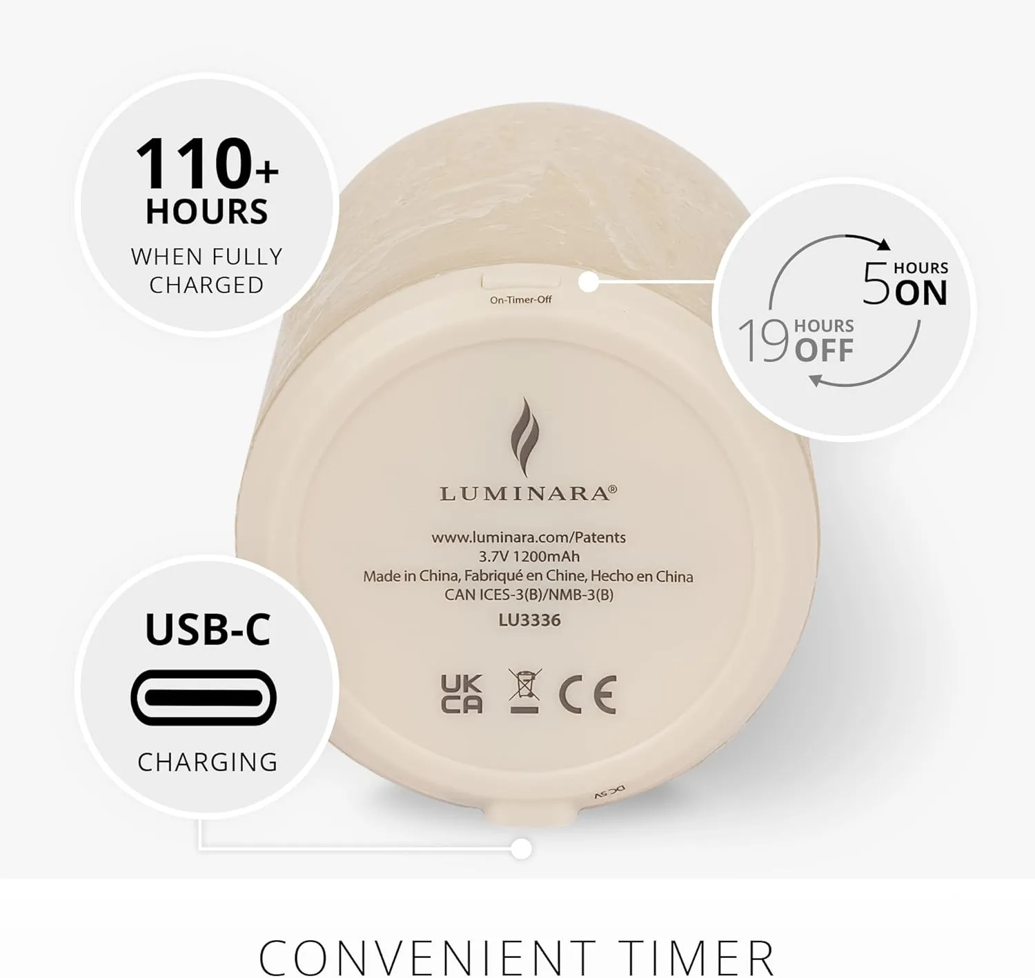 Luminara Seaglass Rechargeable Flameless LED Candle, Fog 3.8" x 5.3", Moving Flame Pillar Timer, USB Type-C Charging Cable, Unscented Real Wax