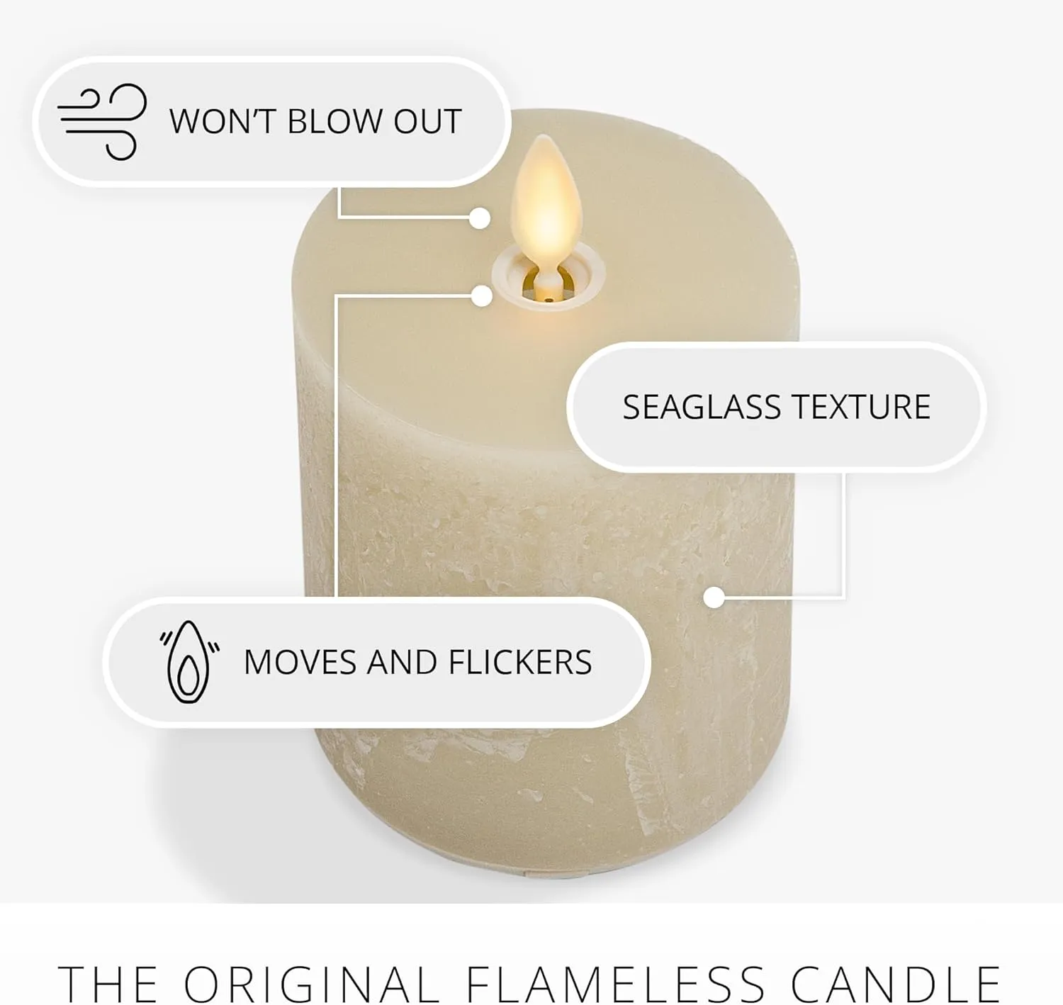 Luminara Seaglass Rechargeable Flameless LED Candle, Fog 3.8" x 5.3", Moving Flame Pillar Timer, USB Type-C Charging Cable, Unscented Real Wax
